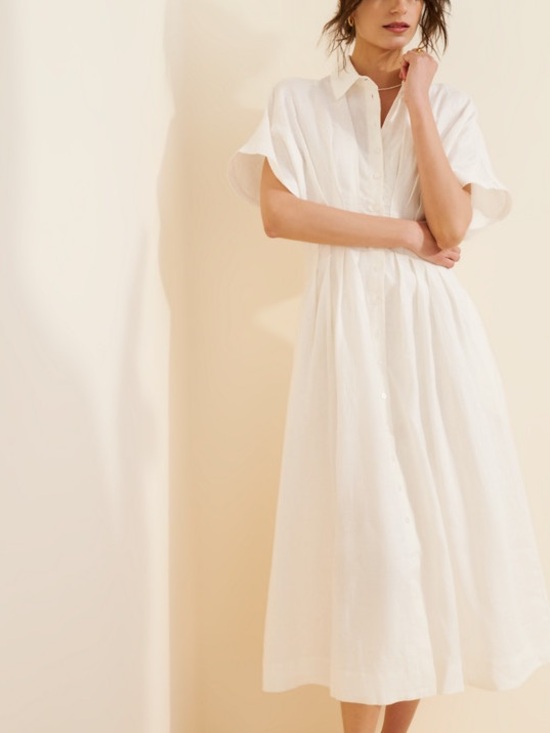 Exquise Dresses & Skirts - Exquise Anthropologie Tobie White 100% Linen Pleated Button Down Midi Dress XXSP